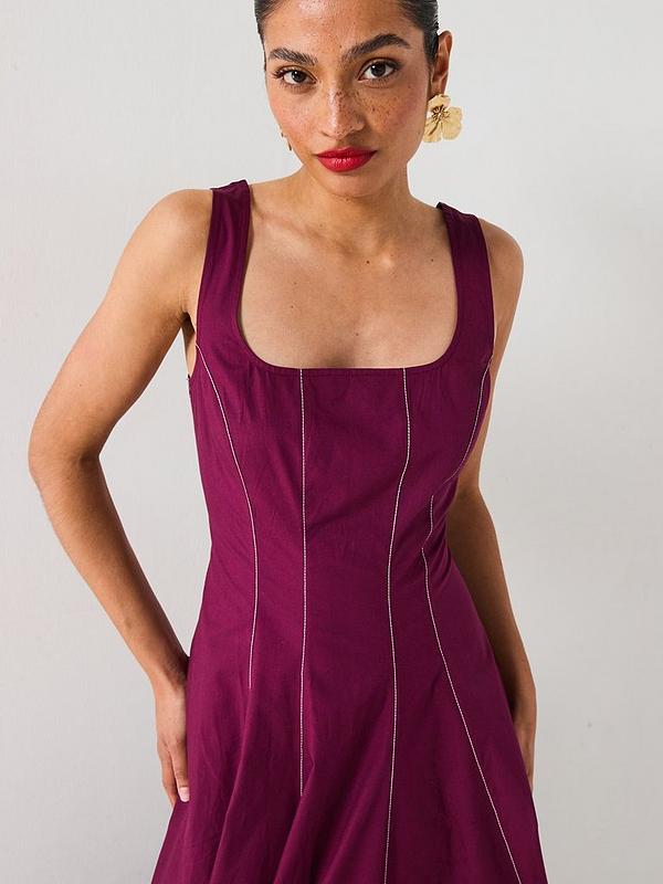 Corset Detail Pintuck Midi Dress - Burgundy