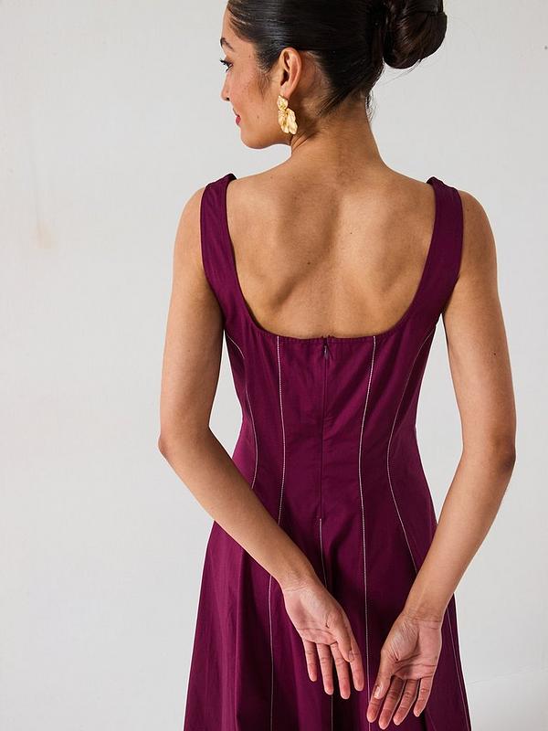 Corset Detail Pintuck Midi Dress - Burgundy