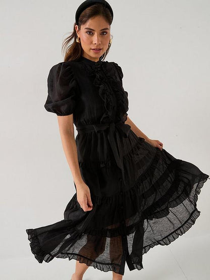 Scallop Tiered Midi Dress - Black