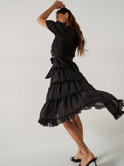 Scallop Tiered Midi Dress - Black