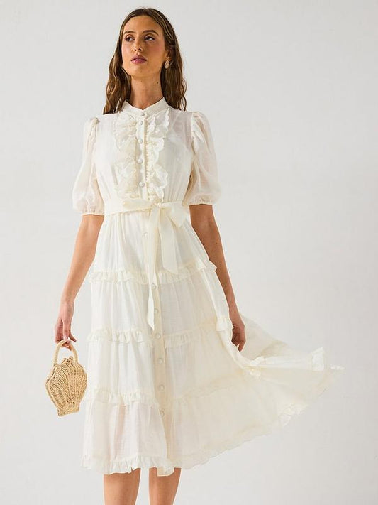 Scallop Tiered Midi Dress - White