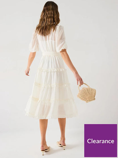 Scallop Tiered Midi Dress - White