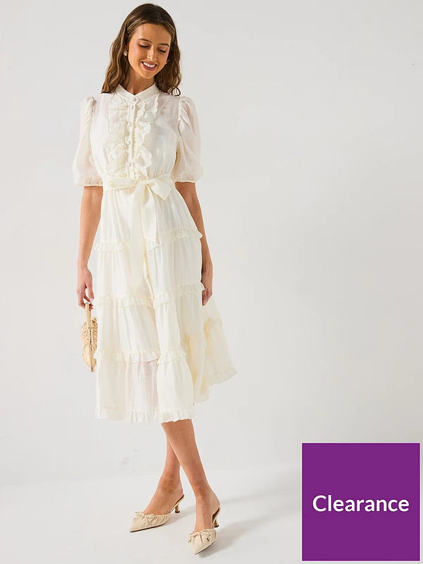 Scallop Tiered Midi Dress - White