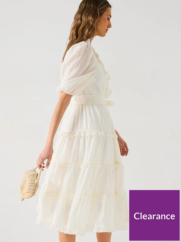 Scallop Tiered Midi Dress - White
