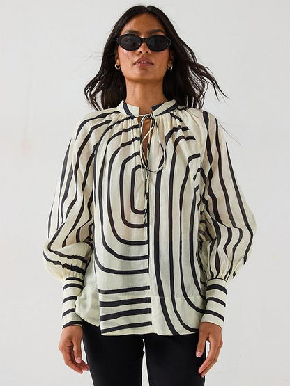 V by Very Oversized Tie Stripe Blouse - Black