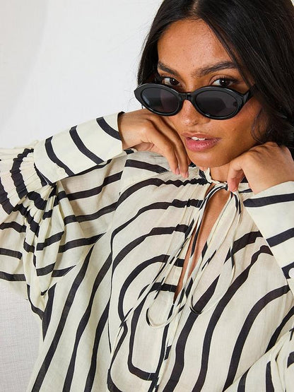 V by Very Oversized Tie Stripe Blouse - Black