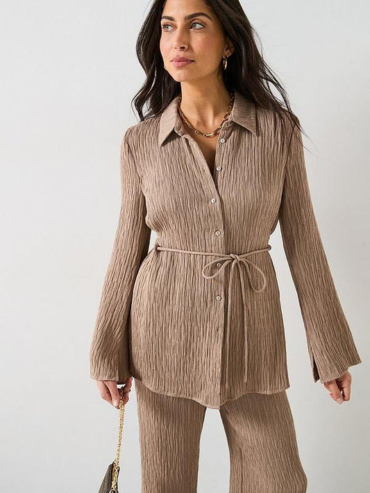 V by Very Crinkle Tie Waist Longline Shirt - Beige