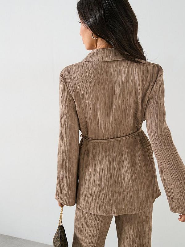 V by Very Crinkle Tie Waist Longline Shirt - Beige