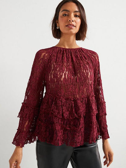 V by Very Tiered Frill Lace Top - Plum