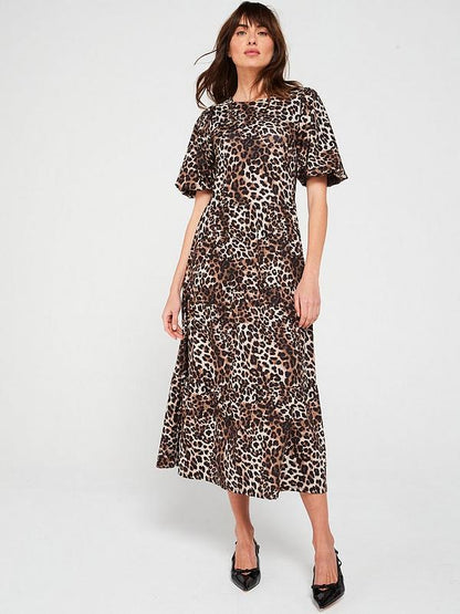 V by Very Puff Sleeve Volume Tiered Midaxi Dress - Animal