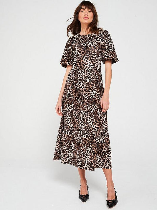 V by Very Puff Sleeve Volume Tiered Midaxi Dress - Animal