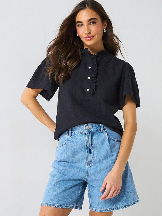 V by Very Crinkle Frill Short Sleeve Blouse - Black