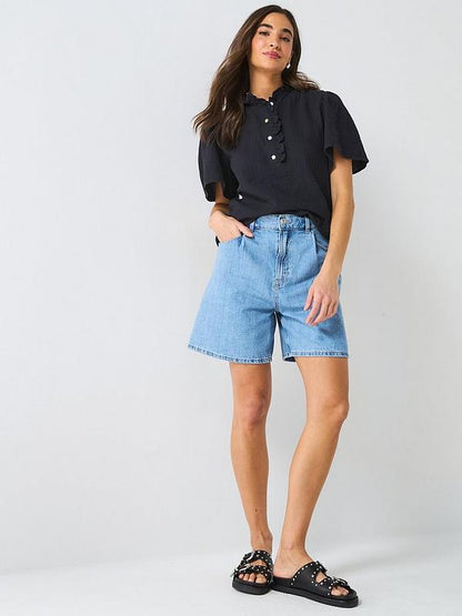 V by Very Crinkle Frill Short Sleeve Blouse - Black
