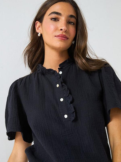 V by Very Crinkle Frill Short Sleeve Blouse - Black