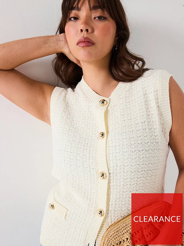 V by Very Curve Sleeveless Button Detail Knitted Waistcoat  - Cream