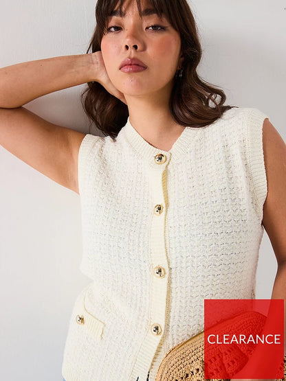 V by Very Curve Sleeveless Button Detail Knitted Waistcoat  - Cream