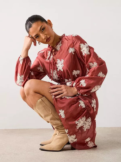 V by Very Tie Neck Embroidered Mini Dress - Dark Red