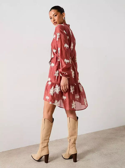 V by Very Tie Neck Embroidered Mini Dress - Dark Red