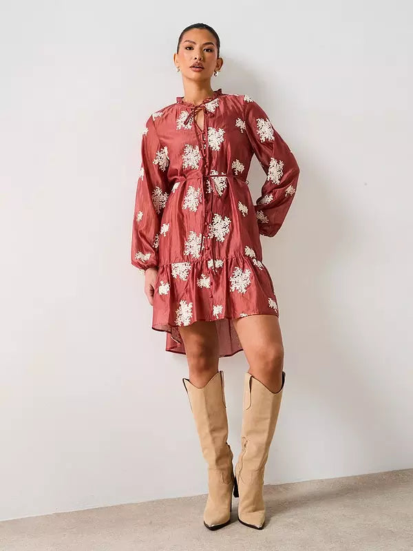 V by Very Tie Neck Embroidered Mini Dress - Dark Red