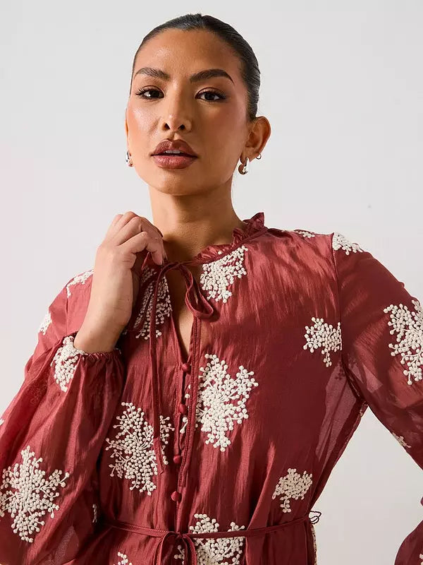 V by Very Tie Neck Embroidered Mini Dress - Dark Red