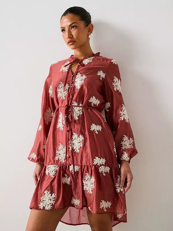 V by Very Tie Neck Embroidered Mini Dress - Dark Red