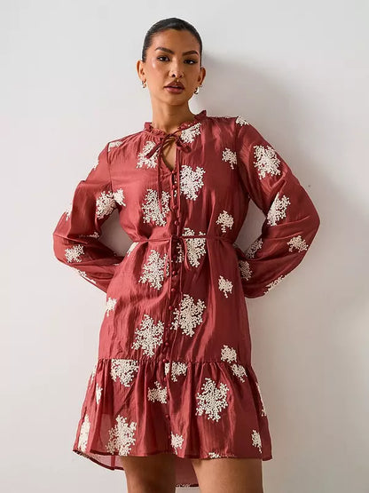 V by Very Tie Neck Embroidered Mini Dress - Dark Red