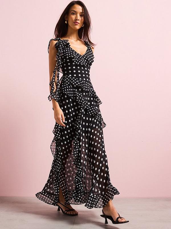 V by Very Ruffle Polka Dot Chiffon Maxi Dress - Black