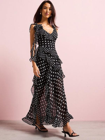 V by Very Ruffle Polka Dot Chiffon Maxi Dress - Black