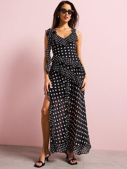 V by Very Ruffle Polka Dot Chiffon Maxi Dress - Black