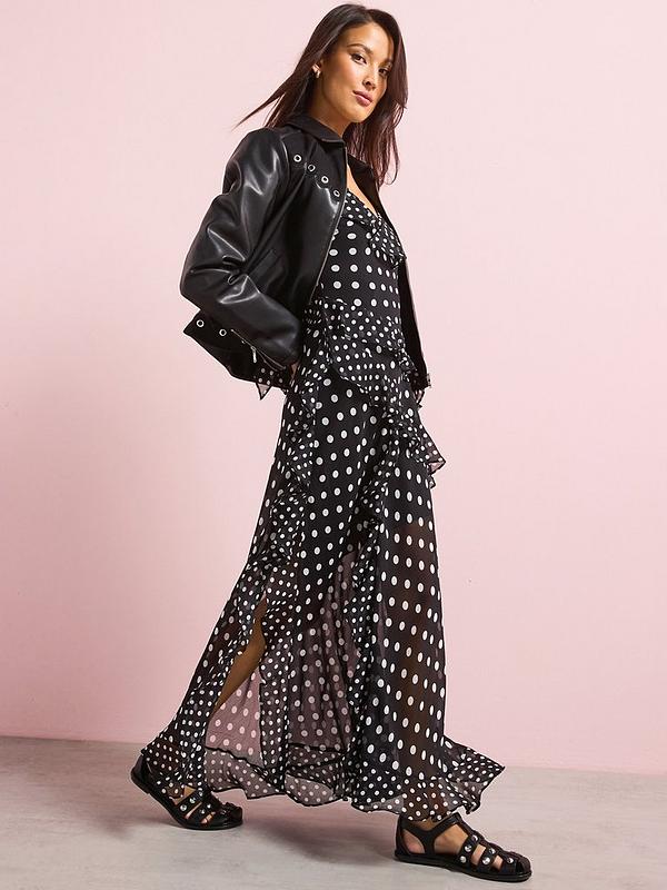 V by Very Ruffle Polka Dot Chiffon Maxi Dress - Black