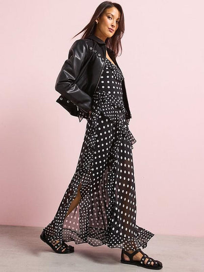 V by Very Ruffle Polka Dot Chiffon Maxi Dress - Black