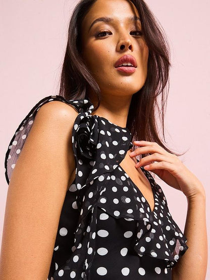 V by Very Ruffle Polka Dot Chiffon Maxi Dress - Black