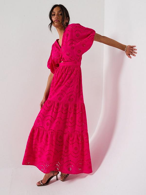 V by Very Broderie Twist Front Midaxi Dress - Pink