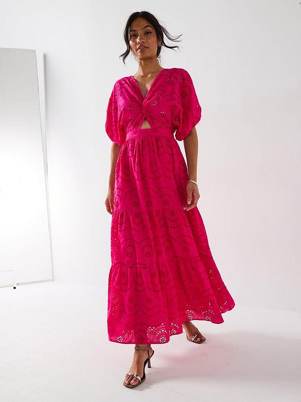 V by Very Broderie Twist Front Midaxi Dress - Pink