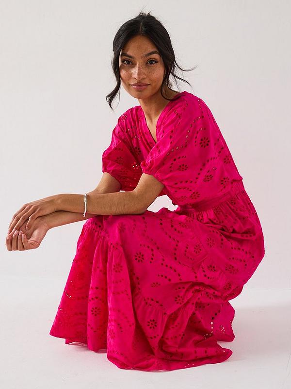 V by Very Broderie Twist Front Midaxi Dress - Pink