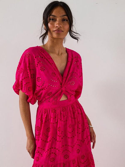 V by Very Broderie Twist Front Midaxi Dress - Pink