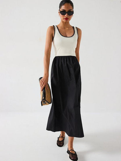 Whipstitch Woven Mix Dress - Black