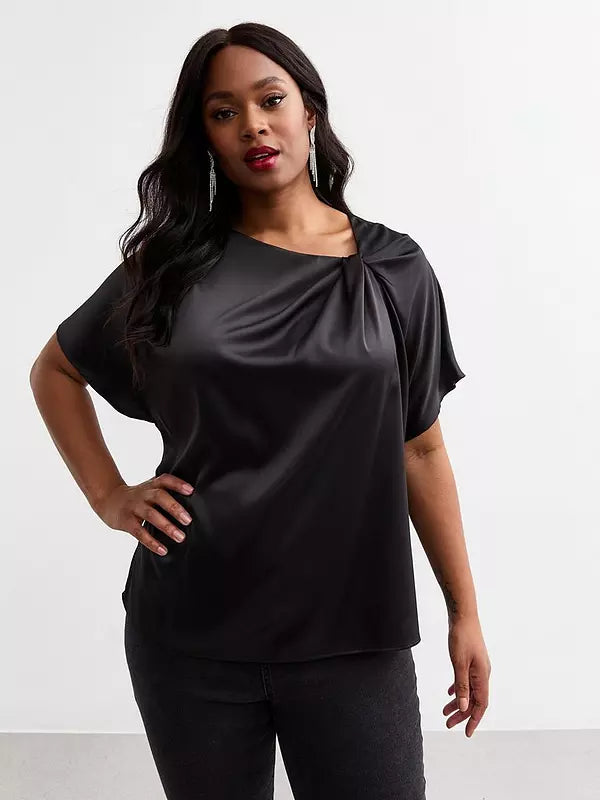 Curves Twist Front Satin Crepe Top - Black