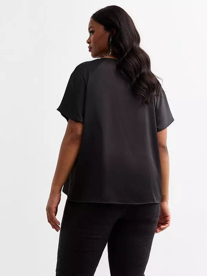 Curves Twist Front Satin Crepe Top - Black