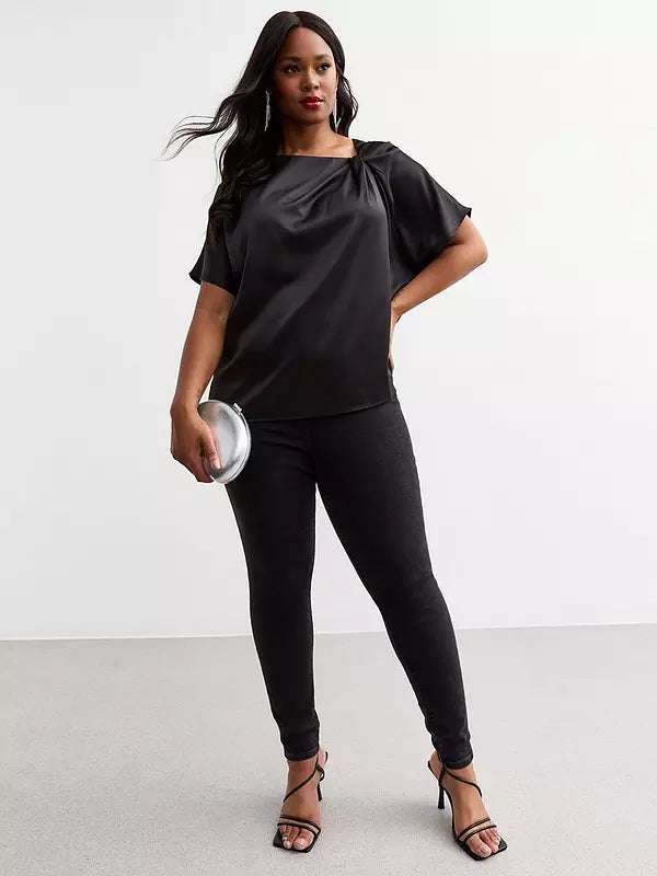 Curves Twist Front Satin Crepe Top - Black