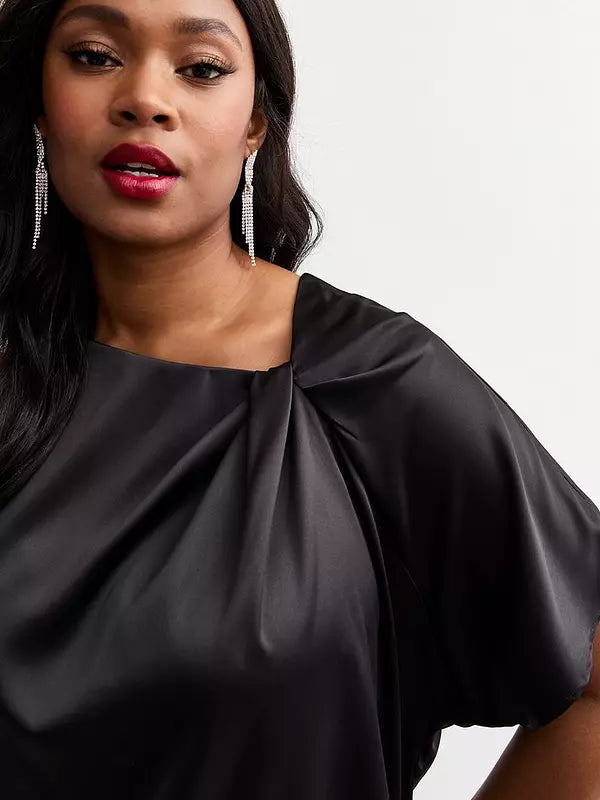 Curves Twist Front Satin Crepe Top - Black