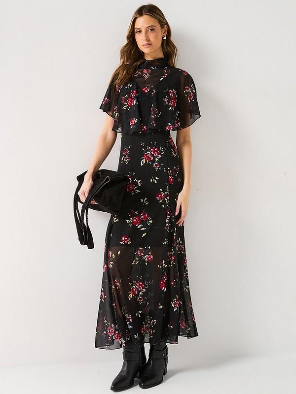 V by Very Floral Cape Detail Midaxi Dress - Black