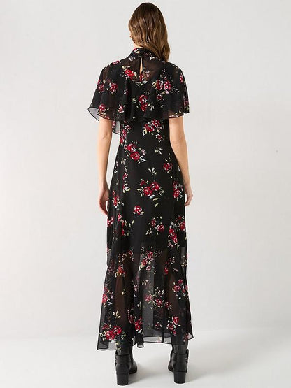 V by Very Floral Cape Detail Midaxi Dress - Black