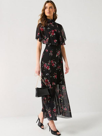 V by Very Floral Cape Detail Midaxi Dress - Black