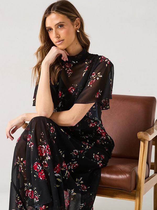 V by Very Floral Cape Detail Midaxi Dress - Black