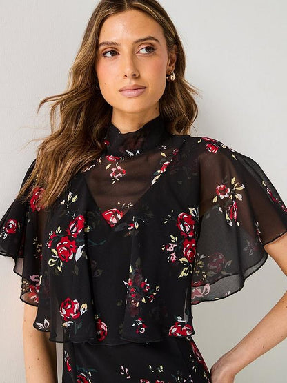 V by Very Floral Cape Detail Midaxi Dress - Black