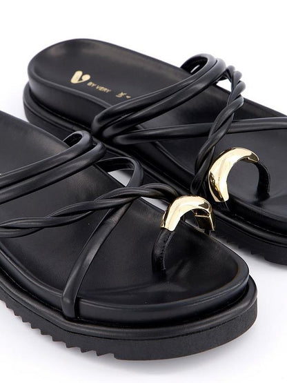 V by Very Chunky Strappy Flat Sandal With Metal Embellishment - Black