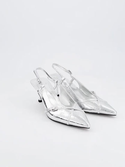 Silver Sling Back Heel Shoe