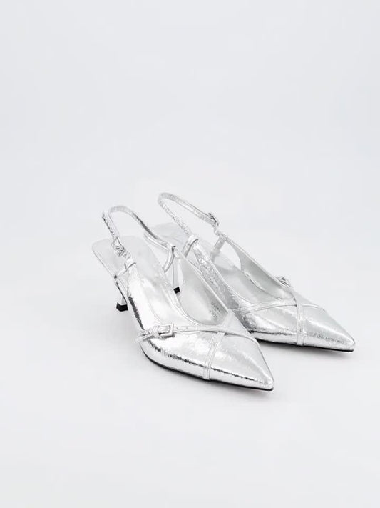 Silver Sling Back Heel Shoe