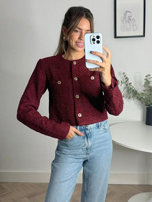 Style Cheat Button Detail Boucle Knit Jacket - Burgundy